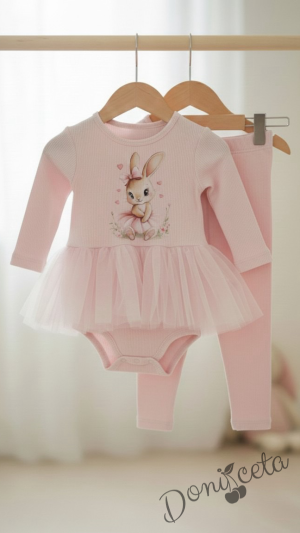 Бебешки комплект рипс от 2 части- боди в розово с тюл и картинка зайче и панталонки 