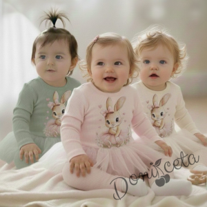 Бебешки комплект рипс от 2 части- боди в тюркоаз с тюл и картинка зайче и панталонки в тюркоаз