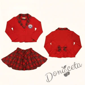 Детски комплект Карена за момиче от пола от трико клош Роси в каре и сако в червено с каре с лого за ученическа униформа