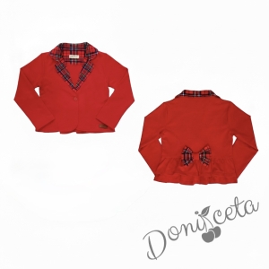 Детски комплект Карена за момиче от пола от трико клош Роси в каре и сако в червено с каре с лого за ученическа униформа