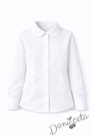 Детска риза за момиче в бяло с дълъг ръкав и за ученическа униформа с лого