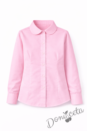 Детска риза в розово за момиче с дълъг ръкав и за ученическа униформа с лого