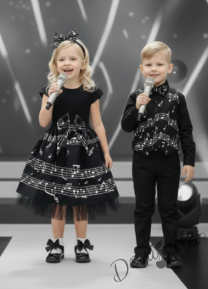 Елек за момче в черно и бяло с ноти и с папийонка 