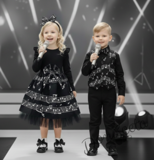 Елек за момче в черно и бяло с ноти и с папийонка 