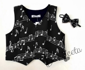 Елек за момче в черно и бяло с ноти и с папийонка 