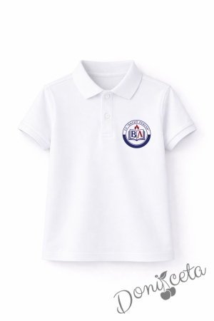Детска тениска с якичка и лого по избор в бяло, подходяща за момче или момиче и за ученическа униформа 