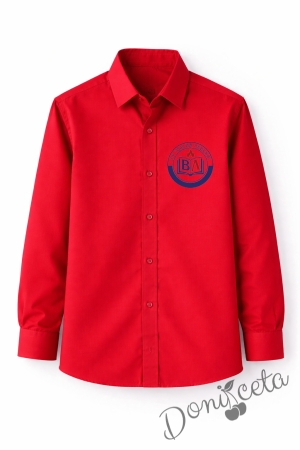 Детска риза за момче с лого по избор в червено с дълъг ръкав подходяща и за ученическа униформа 