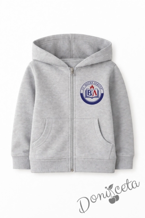 Ватиран детски суитшърт с лого и цип с дълъг ръкав в сиво, подходящ за момче или момиче и за ученическа униформа