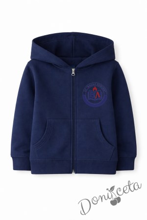 Ватиран детски суитшърт с лого по избор и цип с дълъг ръкав в тъмносиньо, подходящ за момче или момиче и за ученическа униформа