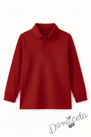 Детска блуза с якичка с дълъг ръкав в червено, подходяща за момче или момиче и за ученическа униформа 