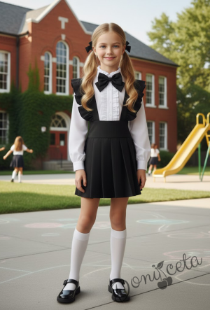 Комплект за момиче от 3 части- сукман Гери в черно с плисирана пола, риза в бяло с дълъг ръкав и къдрички и панделка в черно