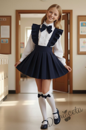 Комплект за момиче от 3 части- сукман Гери в тъмносиньо с плисирана пола, риза в бяло с дълъг ръкав и къдрички и панделка в черно