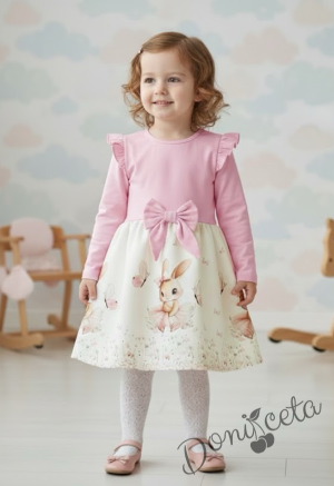 Детска рокля с дълъг ръкав в розово с къдрички, панделка и изображение на зайче-балерина
