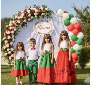 Детска къса рокля в бяло, зелено и червено с набор