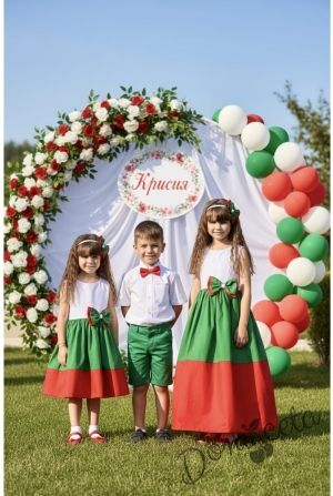 Детска къса рокля в бяло, зелено и червено с набор