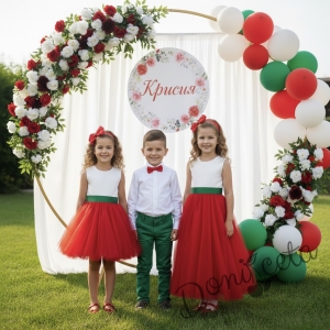 Детска рокля без ръкав в бяло, зелено и червено с тюл