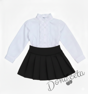 Комплект за момиче от 2 части-пола Гери в черно и риза с дълъг ръкав в бяло с къдрички 