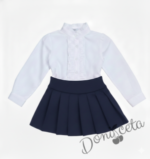 Комплект за момиче от 2 части-пола Гери в тъмносиньо и риза с дълъг ръкав в бяло с къдрички 