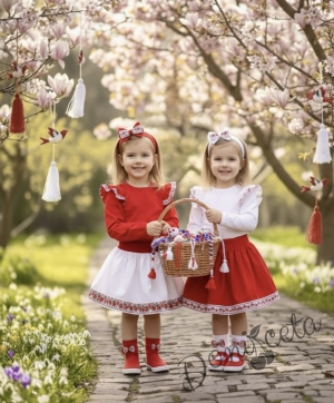 Комплект за момиче за баба Марта от 4 части-пола в бяло, блуза в червено с къдрици с фолклорни/етно мотиви, чорапи в червено с панделка с етно мотиви и диадема