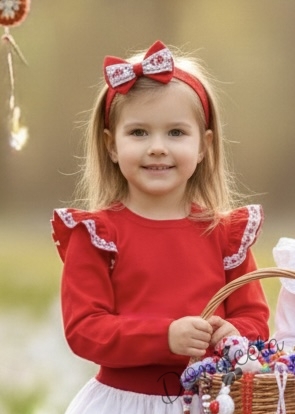 Комплект за момиче от пола в бяло и блуза в червено с къдрици с фолклорни/етно мотиви