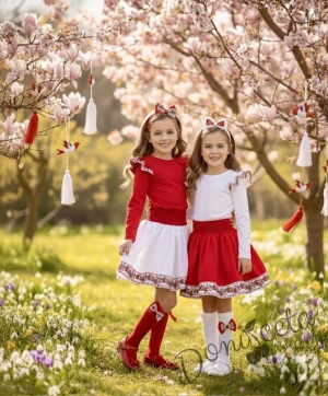 Комплект за момиче от 3 части-пола в бяло, блуза в червено с къдрици с фолклорни/етно мотиви и диадема