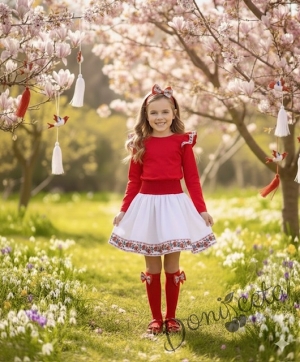 Комплект за момиче за Баба Марта от 4 части-пола в бяло, блуза в червено с къдрици с фолклорни/етно мотиви, чорапи в бяло с панделка и диадема