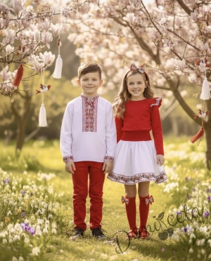 Комплект за момиче от пола в бяло и блуза в червено с къдрици с фолклорни/етно мотиви