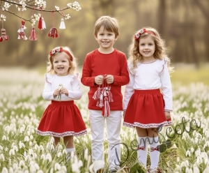 Комплект за момиче от 2 части- пола в червено и блуза в бяло с къдрици с фолклорни/етно мотиви