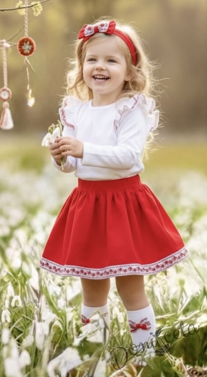 Комплект за момиче от 2 части- пола в червено и блуза в бяло с къдрици с фолклорни/етно мотиви