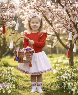 Комплект за момиче от пола в бяло и блуза в червено с къдрици с фолклорни/етно мотиви