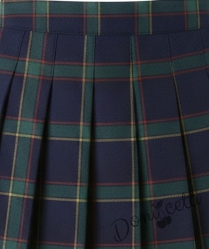Детска плисирана пола каре леко удължена в тъмносиньо и зелено, подходяща и за ученическа униформа 