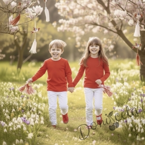 Комплект от детска блузка в червено и панталон в бяло