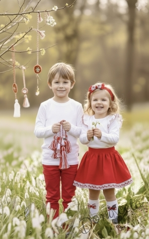 Комплект от детска блузка в бяло и панталон в червено