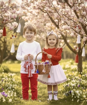 Комплект от детска блузка в бяло и панталон в червено
