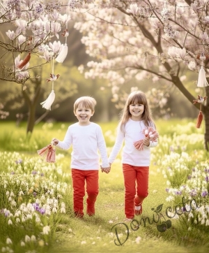 Комплект от детска блузка в бяло и панталон в червено