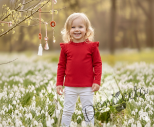 Комплект от детска блузка в червено с къдрички на раменете и бието и панталон в бяло за момиче