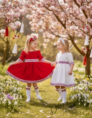 Детска рокля в червено с фолклорни и етно мотиви с ръкав до лакътя