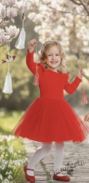 Детска рокля в червено от трико рипс с дълъг ръкав с къдрички и тюл Оливия