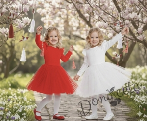 Детска рокля в червено от трико рипс с дълъг ръкав с къдрички и тюл Оливия