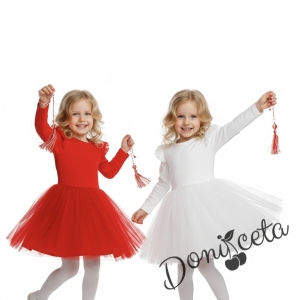 Детска бяла рокля с дълъг ръкав от трико рипс с къдрички на рамената и тюл Оливия