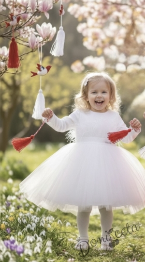  Официална детска рокля с дълъг ръкав с пера и тюл Анелия от колекция Снежина