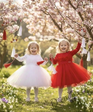  Официална детска рокля с дълъг ръкав с пера и тюл Анелия от колекция Снежина