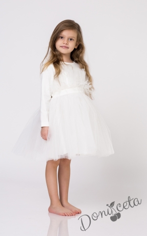  Официална детска рокля с дълъг ръкав с пера и тюл Анелия от колекция Снежина