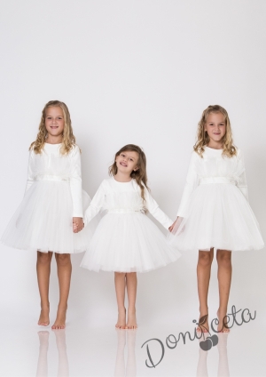  Официална детска рокля с дълъг ръкав с пера и тюл Анелия от колекция Снежина