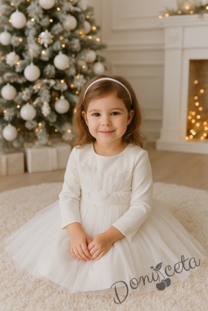  Официална детска рокля с дълъг ръкав с пера и тюл Анелия от колекция Снежина