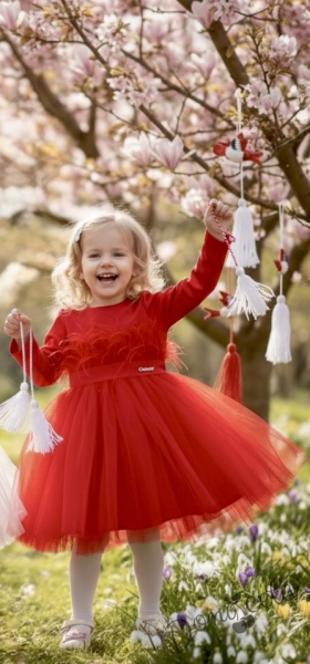  Детска официална рокля с дълъг ръкав в червено с перца и тюл Анелия от колекция Червеника