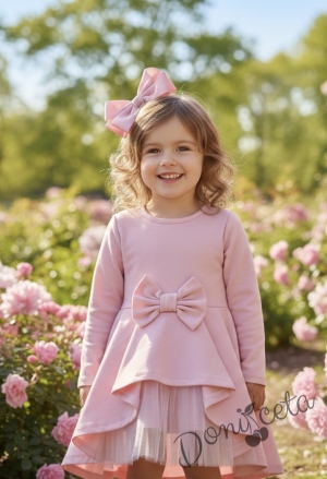 Официална или ежедневна детска рокля Надежда с дълъг ръкав в розово с тюл