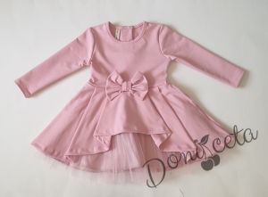 Официална или ежедневна детска рокля Надежда с дълъг ръкав в розово с тюл
