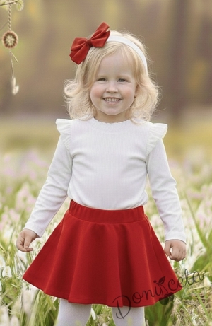 Комплект за момиче от 2 части-пола клош от трико Роси в червено и блуза с дълъг ръкав с къдрички в бяло 