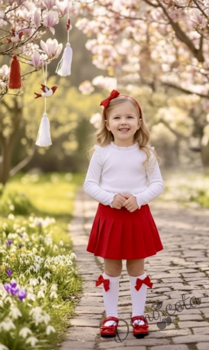 Комплект от пола плисе Гери в червено и блуза в бяло с къдрички на рамената и бието